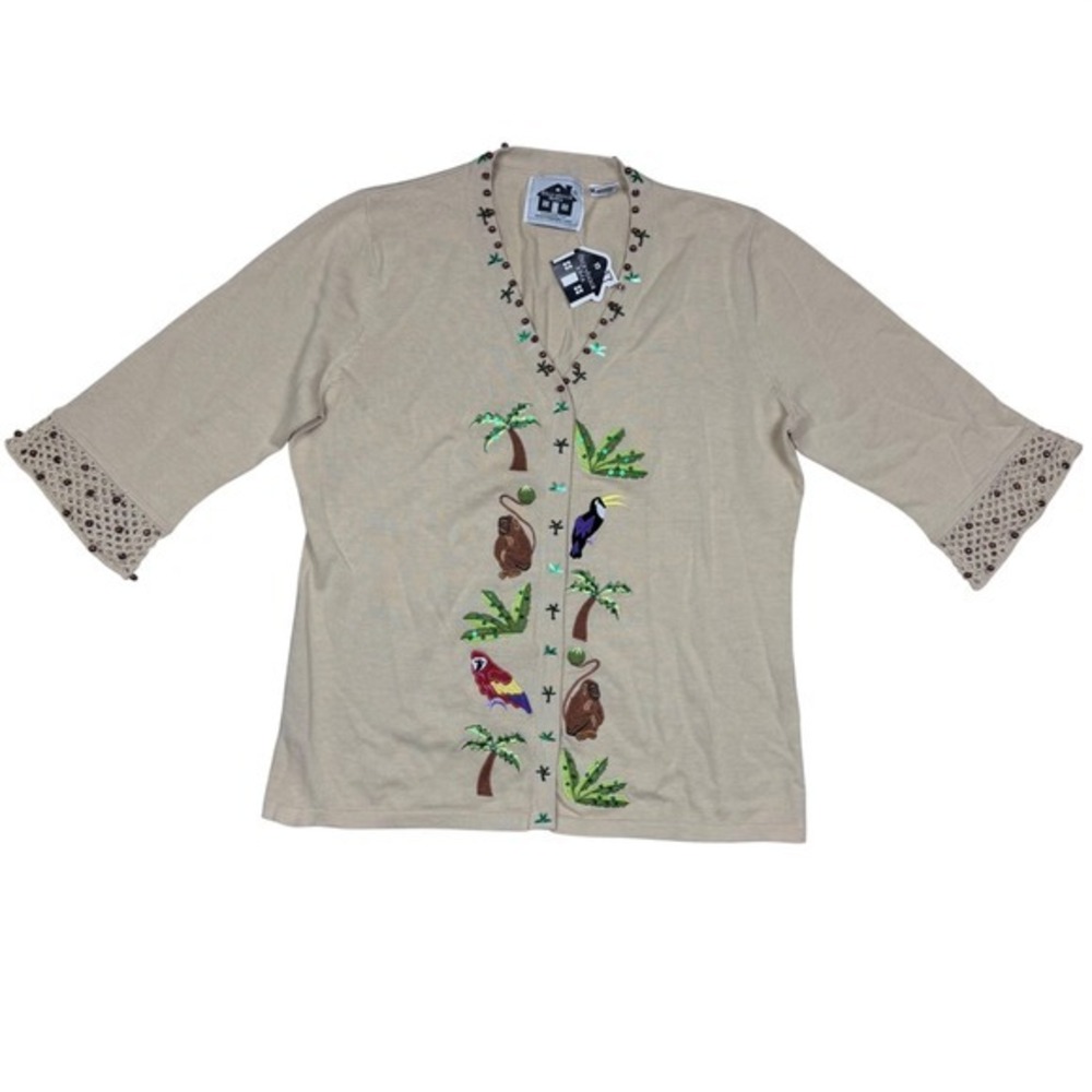 NWT Storybook Knits Oasis Retreat Tropical Monkey Parrot Cardigan Tan‎ Medium